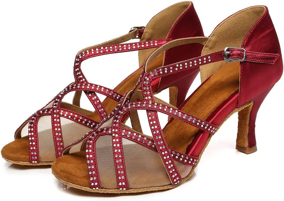 YKXLM Women's Satin Heels Latin with Rhinestone Dance Shoes Open Toe Professional Salsa Dance Shoes Ballroom,Model YCL441