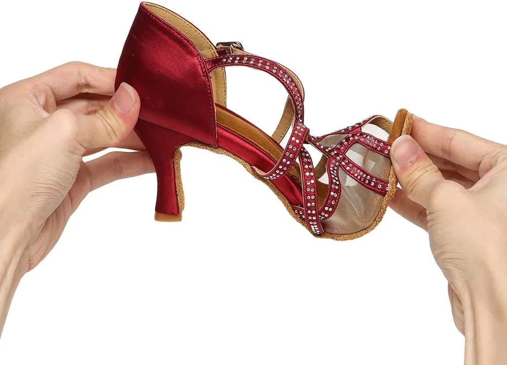 YKXLM Women's Satin Heels Latin with Rhinestone Dance Shoes Open Toe Professional Salsa Dance Shoes Ballroom,Model YCL441