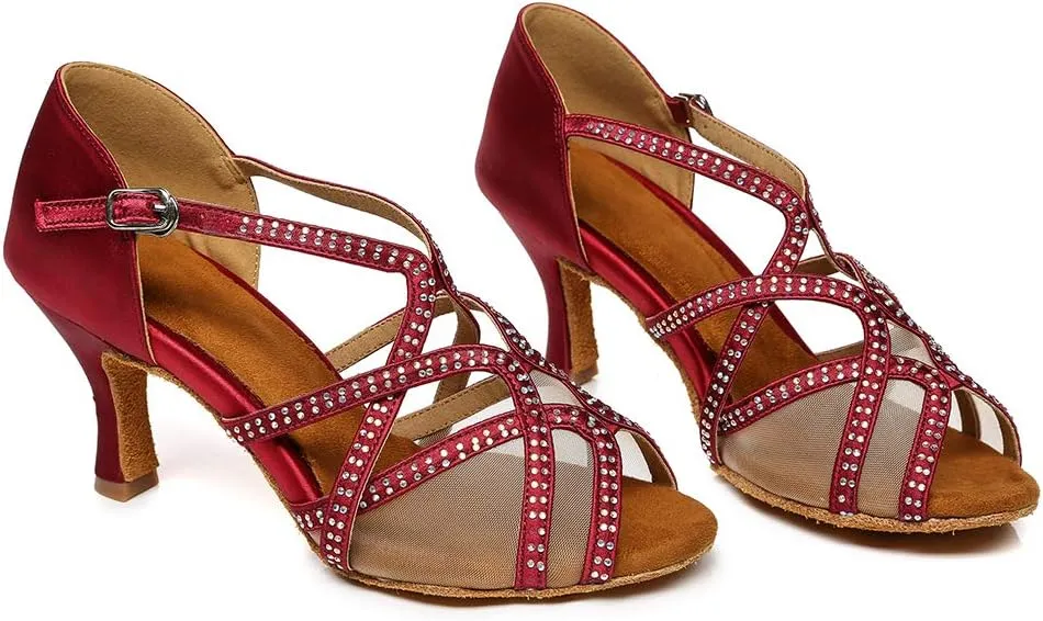 YKXLM Women's Satin Heels Latin with Rhinestone Dance Shoes Open Toe Professional Salsa Dance Shoes Ballroom,Model YCL441