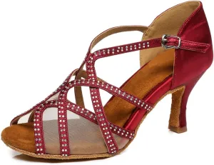 YKXLM Women's Satin Heels Latin with Rhinestone Dance Shoes Open Toe Professional Salsa Dance Shoes Ballroom,Model YCL441