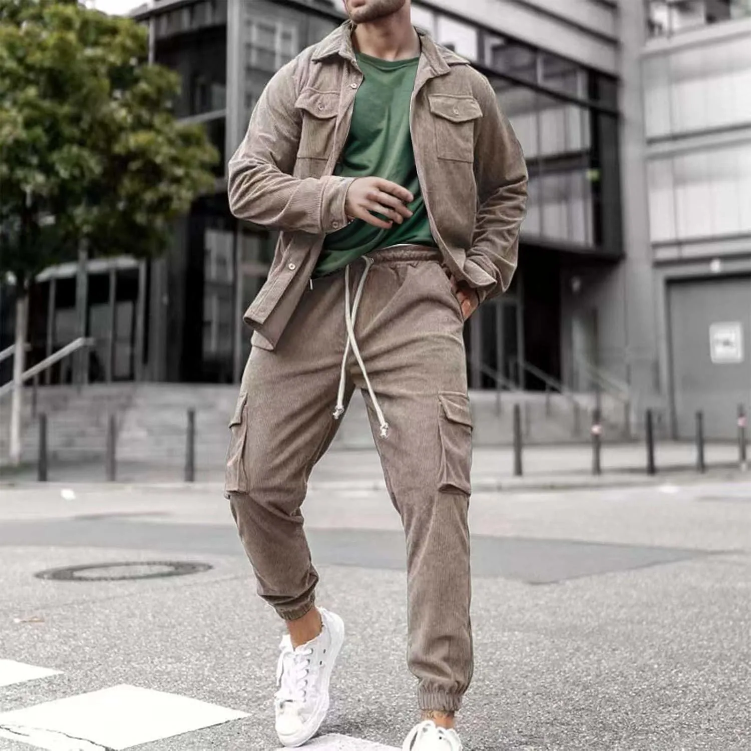ZYXTIM Men's Fashion 2 Piece Outfit Plus Size Tactical Shirts Jackets Elastic Waist Cargo Hiking Pants Casual Sweat Suits